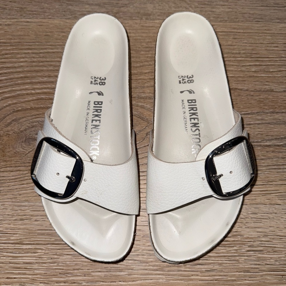 Birkenstock Madrid Big Buckle White Leather Sandals Slides Women’s Size 38